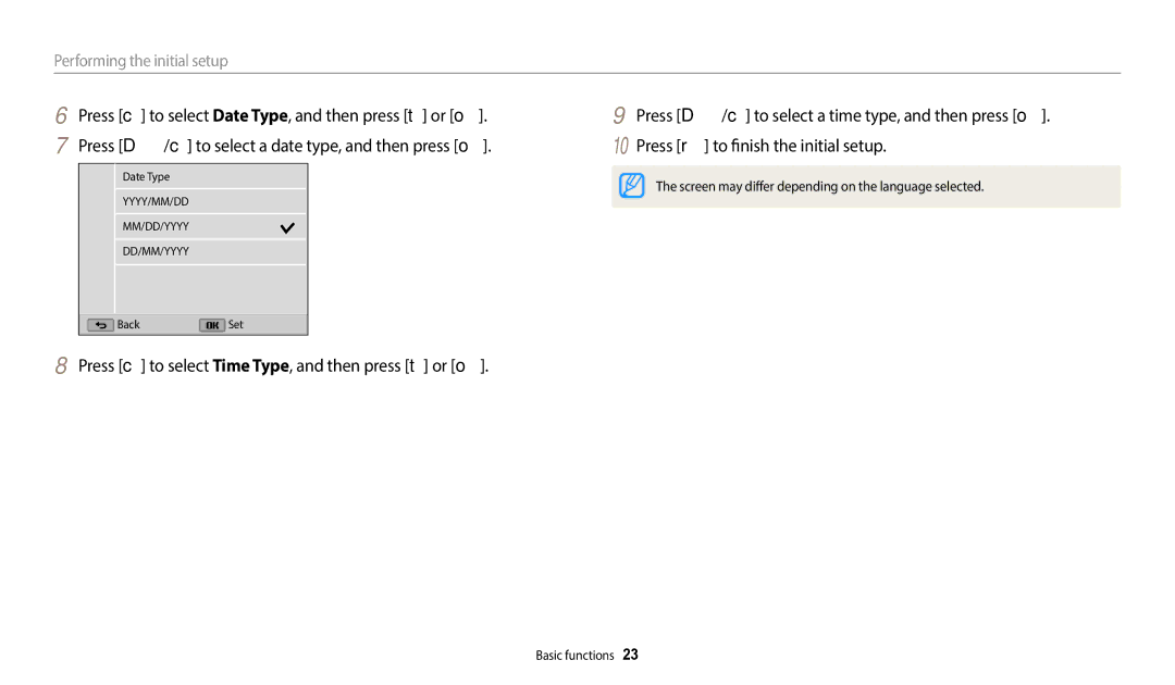 Samsung WB2100 user manual Performing the initial setup 