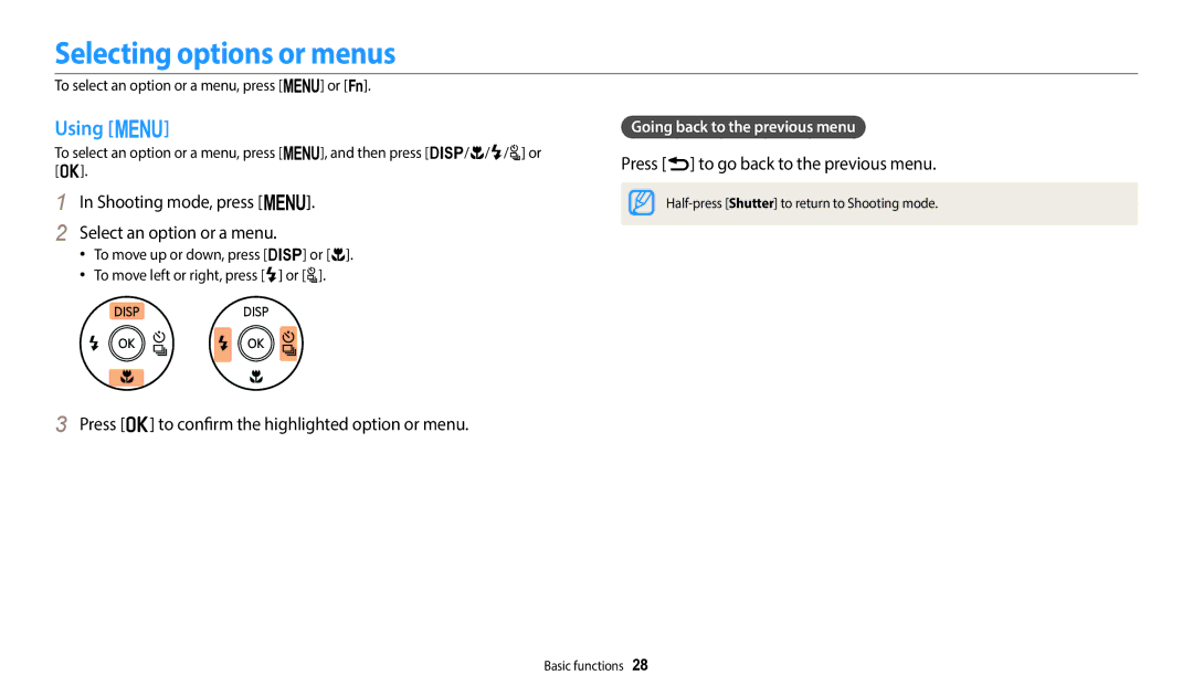 Samsung WB2100 user manual Selecting options or menus, Using m, Shooting mode, press m Select an option or a menu 