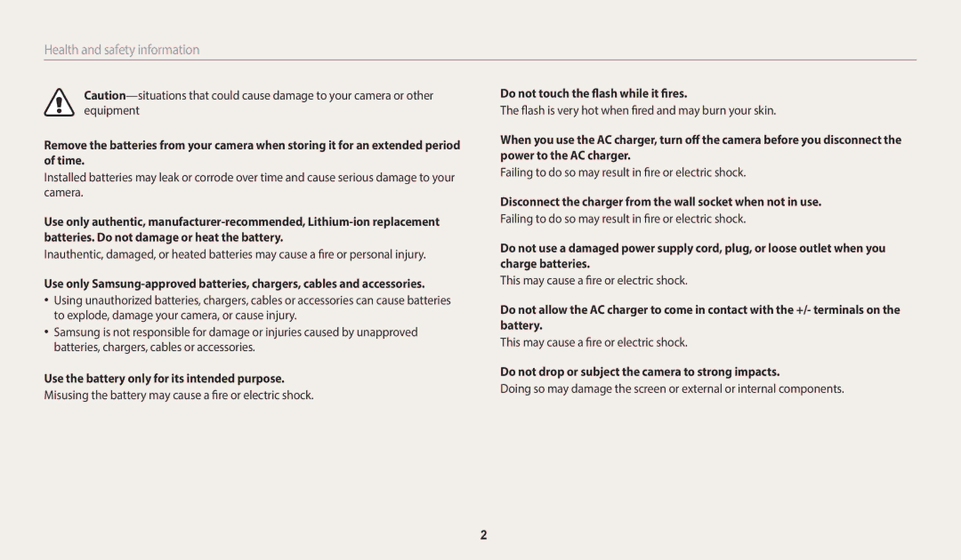 Samsung WB2100 user manual Use the battery only for its intended purpose, Do not touch the flash while it fires 