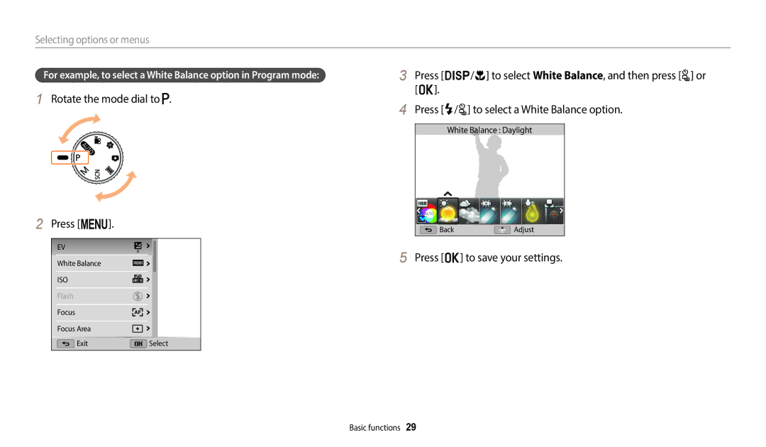 Samsung WB2100 user manual Rotate the mode dial to Press m, Press o to save your settings 