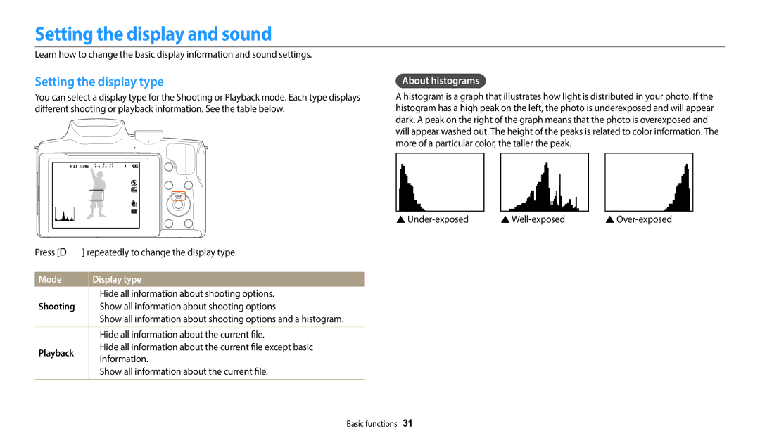 Samsung WB2100 user manual Setting the display and sound, Setting the display type, About histograms, Mode, Playback 