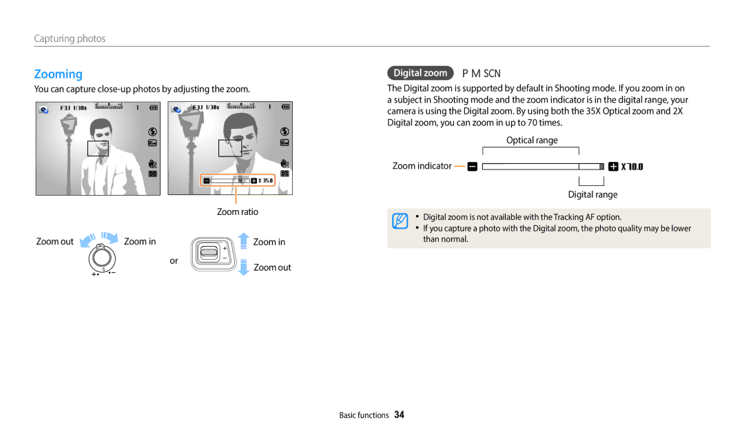 Samsung WB2100 user manual Zooming, Digital zoom, Optical range Zoom indicator Digital range 