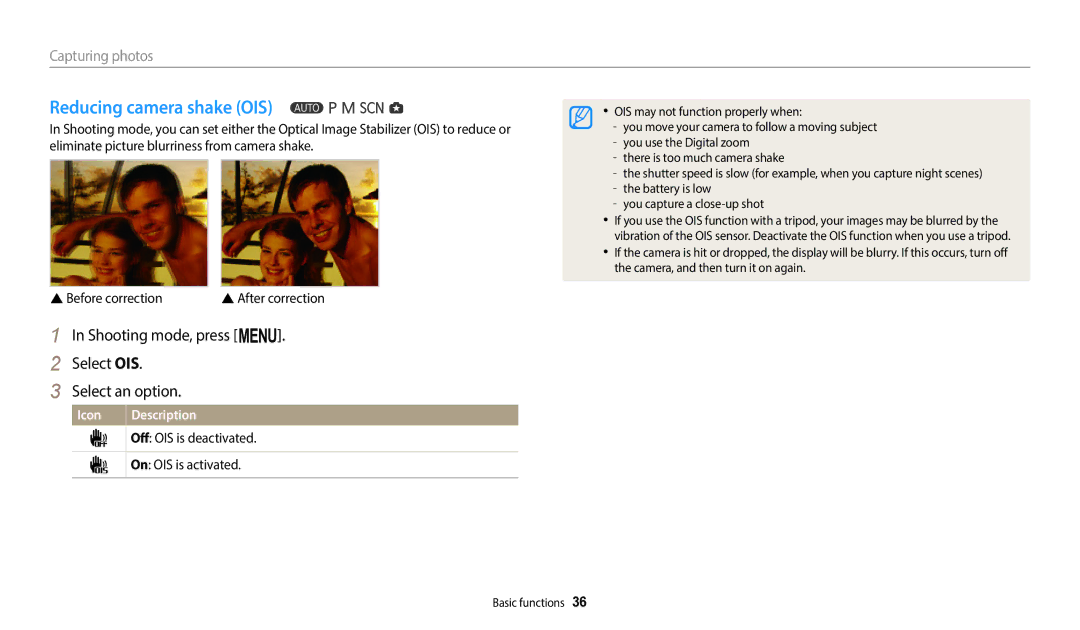 Samsung WB2100 user manual Reducing camera shake OIS, Shooting mode, press m Select OIS Select an option 