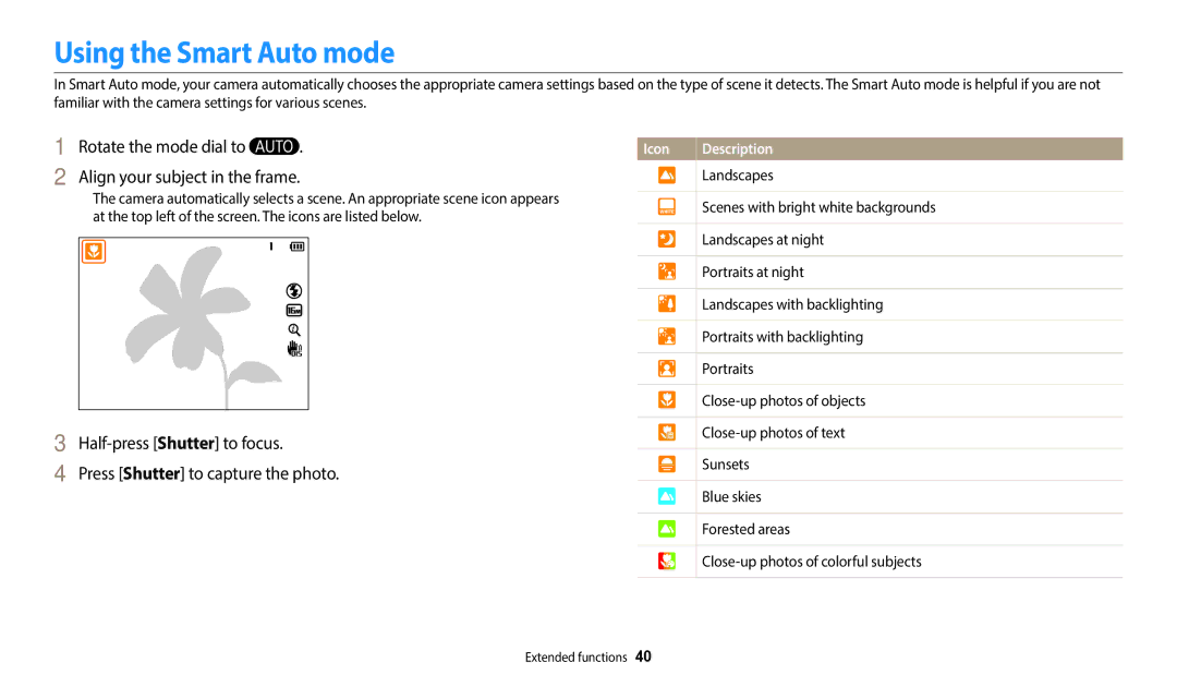 Samsung WB2100 user manual Using the Smart Auto mode, Press Shutter to capture the photo 