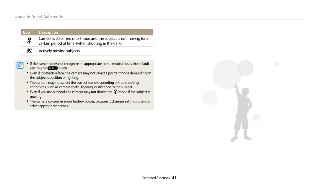 Samsung WB2100 user manual Using the Smart Auto mode, Actively moving subjects 