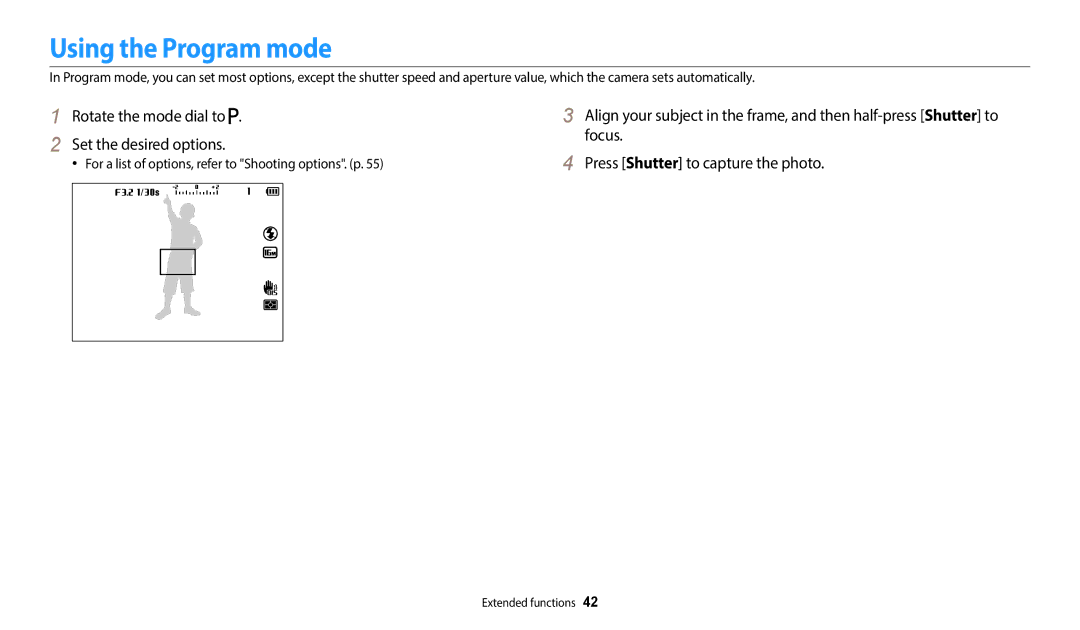 Samsung WB2100 user manual Using the Program mode, Rotate the mode dial to Set the desired options 