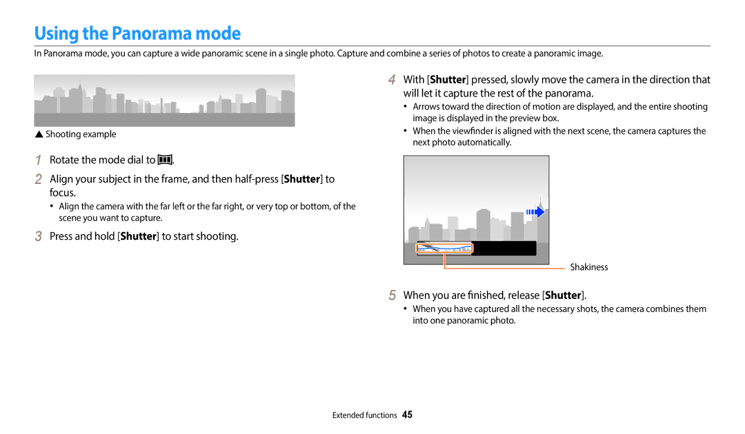 Samsung WB2100 user manual Using the Panorama mode, Will let it capture the rest of the panorama 