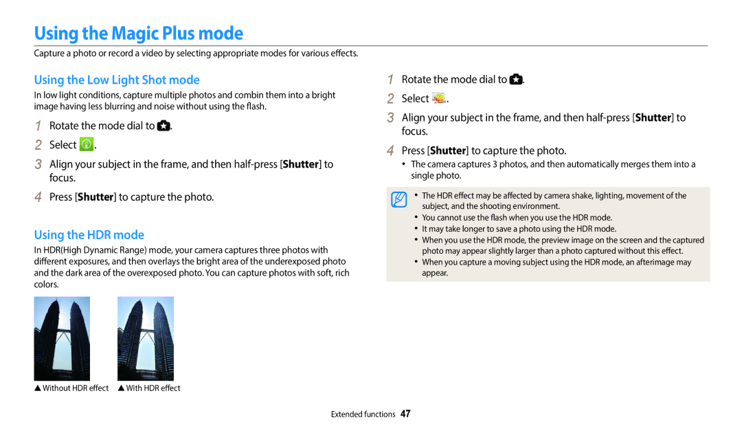 Samsung WB2100 user manual Using the Magic Plus mode, Using the Low Light Shot mode, Using the HDR mode 