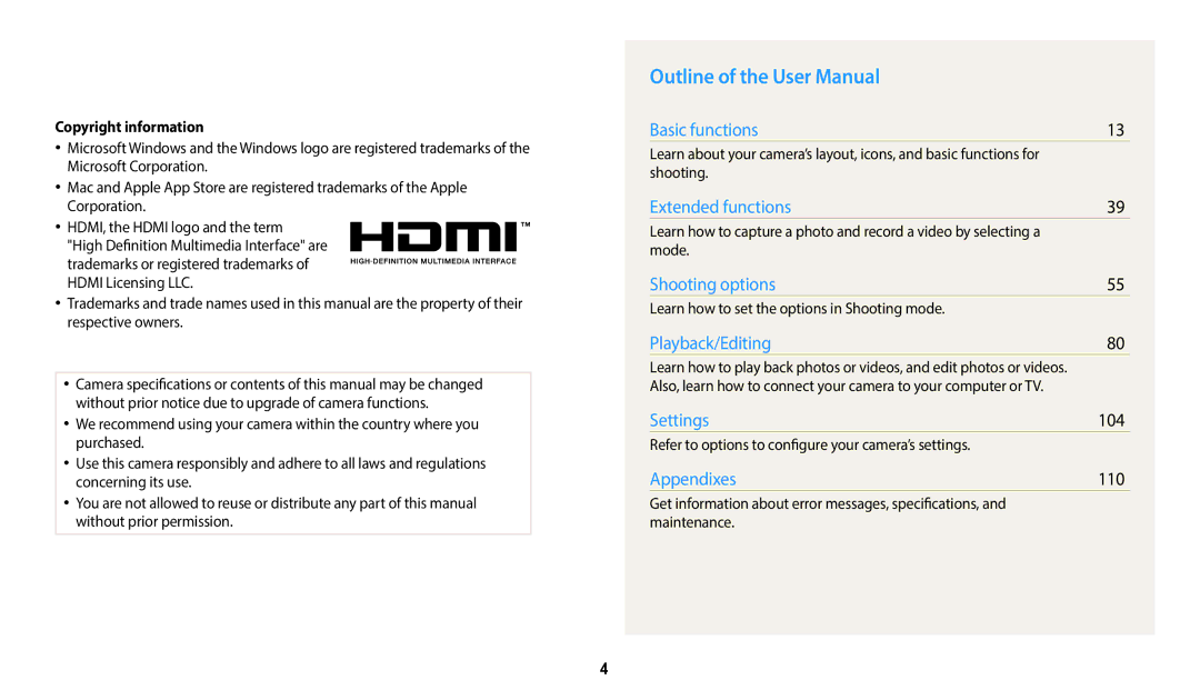 Samsung WB2100 user manual 104, 110, Copyright information 