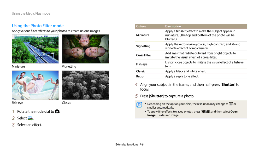 Samsung WB2100 user manual Using the Photo Filter mode, Rotate the mode dial to Select Select an effect 