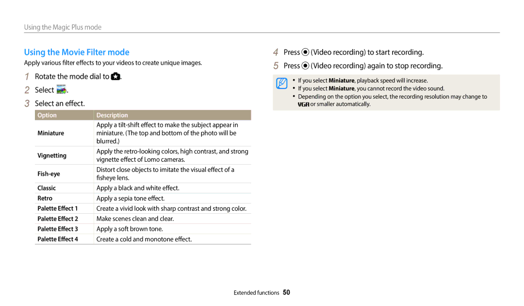 Samsung WB2100 user manual Using the Movie Filter mode, Blurred, Vignette effect of Lomo cameras, Fisheye lens 