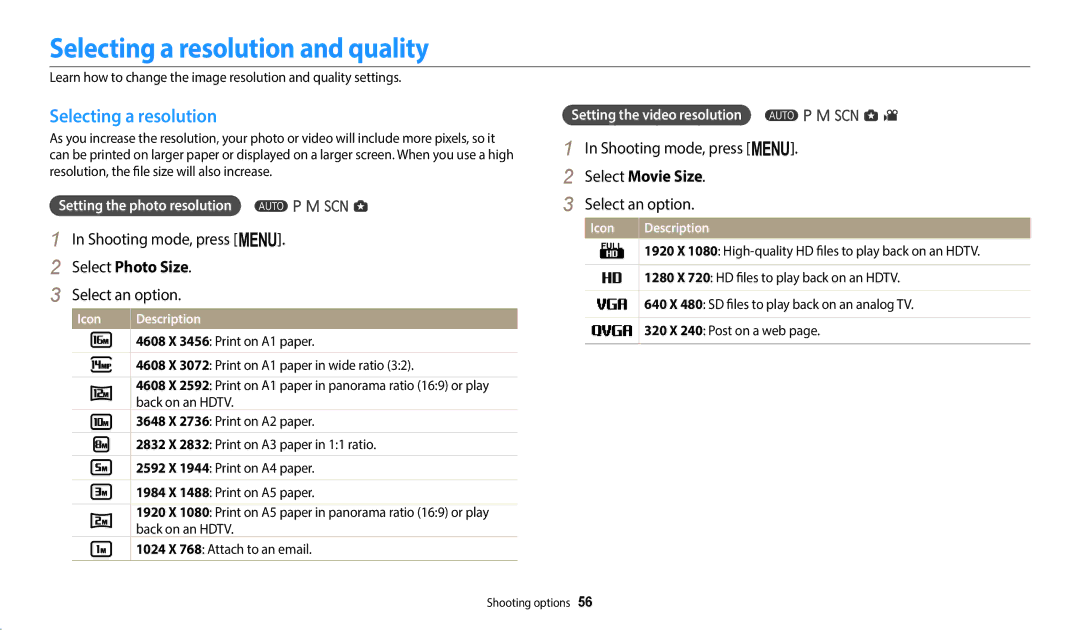 Samsung WB2100 user manual Selecting a resolution and quality, Select Photo Size, Select Movie Size 