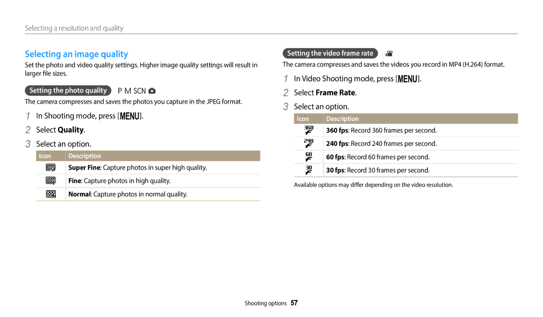 Samsung WB2100 Selecting an image quality, Shooting mode, press m Select Quality Select an option, Select Frame Rate 