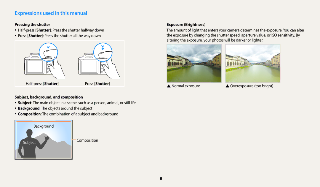 Samsung WB2100 user manual Expressions used in this manual, Pressing the shutter, Subject, background, and composition 