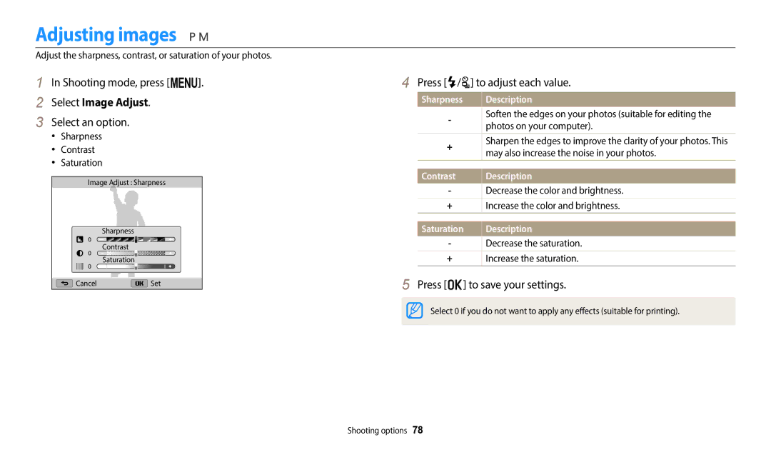 Samsung WB2100 user manual Adjusting images, Select Image Adjust, Press F/t to adjust each value 