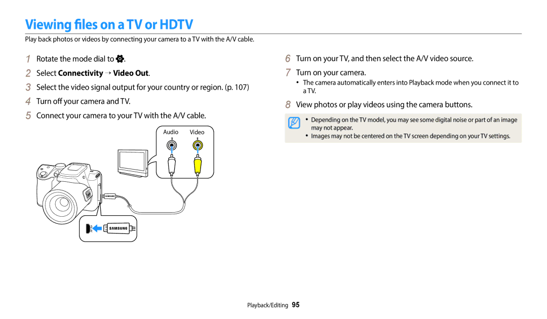 Samsung WB2100 user manual Viewing files on a TV or Hdtv, Select Connectivity → Video Out 