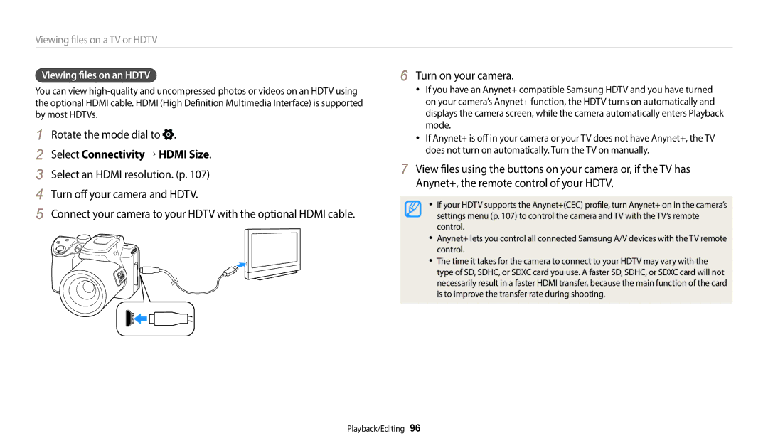 Samsung WB2100 user manual Select Connectivity → Hdmi Size, Viewing files on an Hdtv 