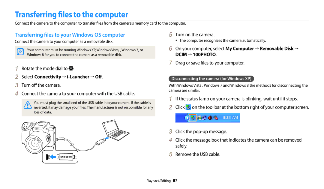 Samsung WB2100 Transferring files to the computer, Transferring files to your Windows OS computer, Turn on the camera 