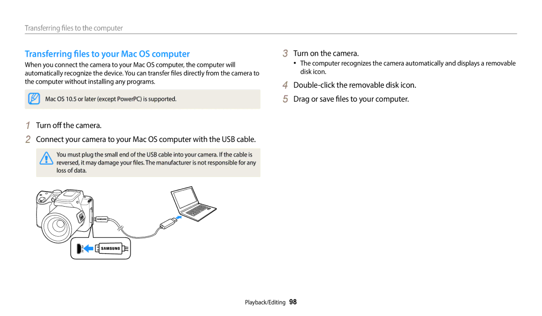 Samsung WB2100 user manual Transferring files to your Mac OS computer, Turn off the camera 