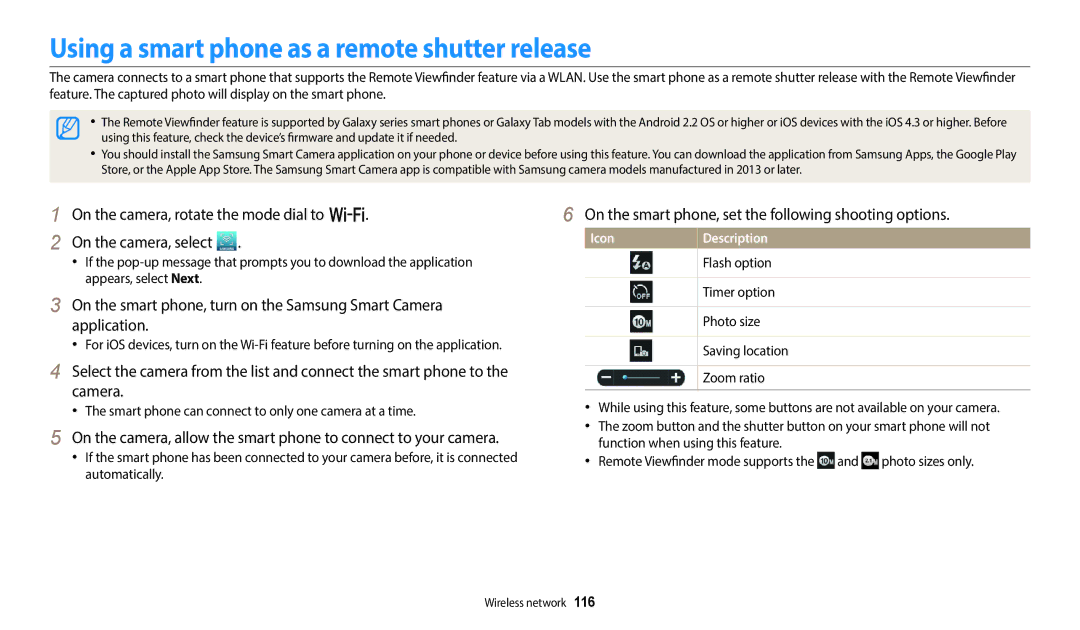 Samsung PRO4831 Using a smart phone as a remote shutter release, On the smart phone, set the following shooting options 