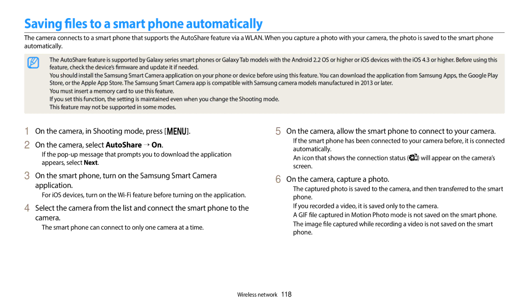 Samsung PRO4852, WB250F, PRO4838, PRO4831 appendix Saving files to a smart phone automatically, On the camera, capture a photo 