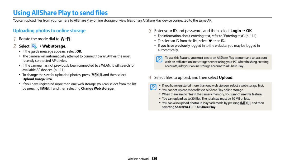 Samsung PRO4831, WB250F appendix Using AllShare Play to send files, Uploading photos to online storage, Select “ Web storage 