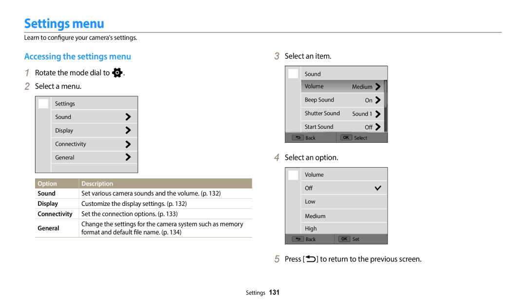 Samsung PRO4831 Settings menu, Accessing the settings menu, Rotate the mode dial to n Select a menu, Select an item 