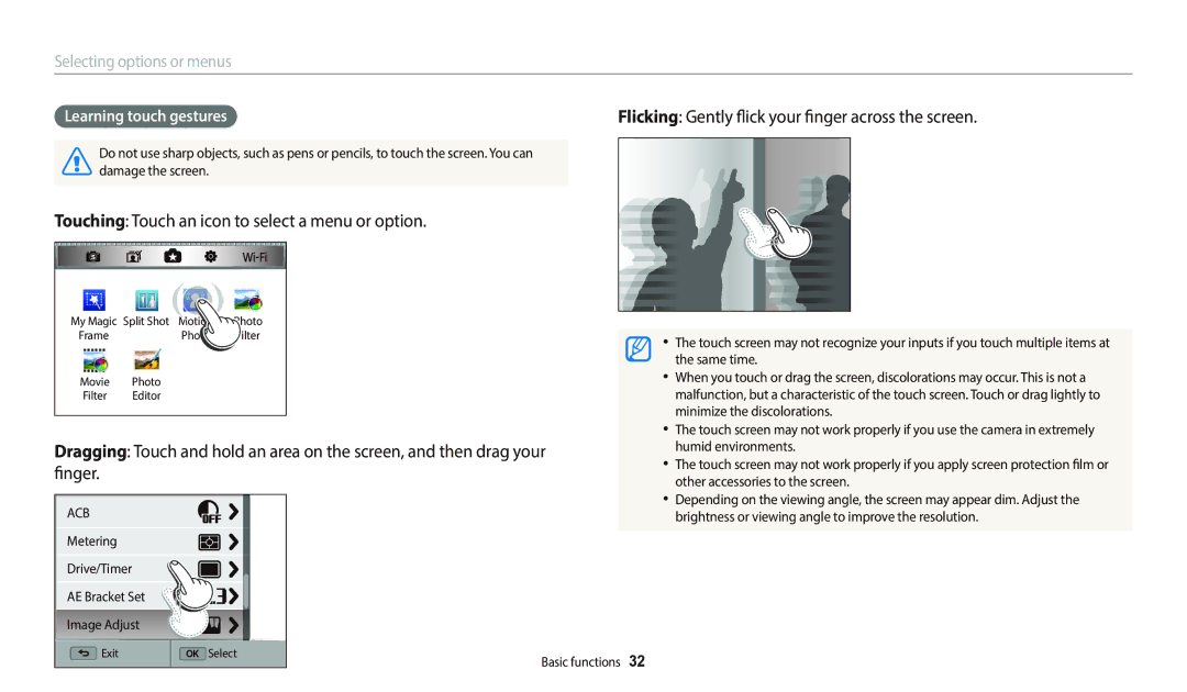 Samsung PRO4845, WB250F, PRO4838, PRO4831, PRO4852 appendix Learning touch gestures 