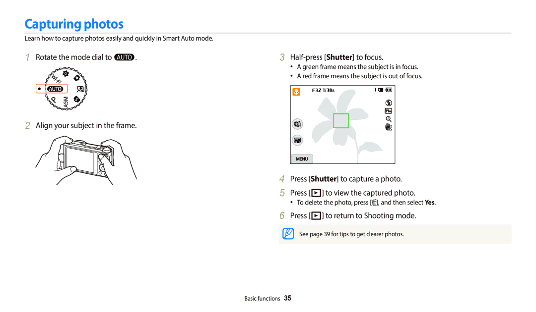 Samsung PRO4838 Capturing photos, Press P to return to Shooting mode, To delete the photo, press , and then select Yes 