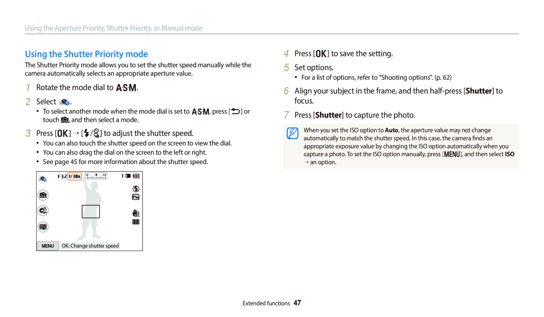 Samsung PRO4845, WB250F, PRO4838, PRO4831, PRO4852 Using the Shutter Priority mode, Press o “ F/t to adjust the shutter speed 