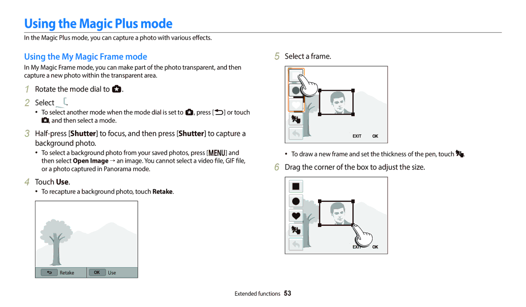 Samsung PRO4852, WB250F, PRO4838 appendix Using the Magic Plus mode, Using the My Magic Frame mode, Touch Use, Select a frame 