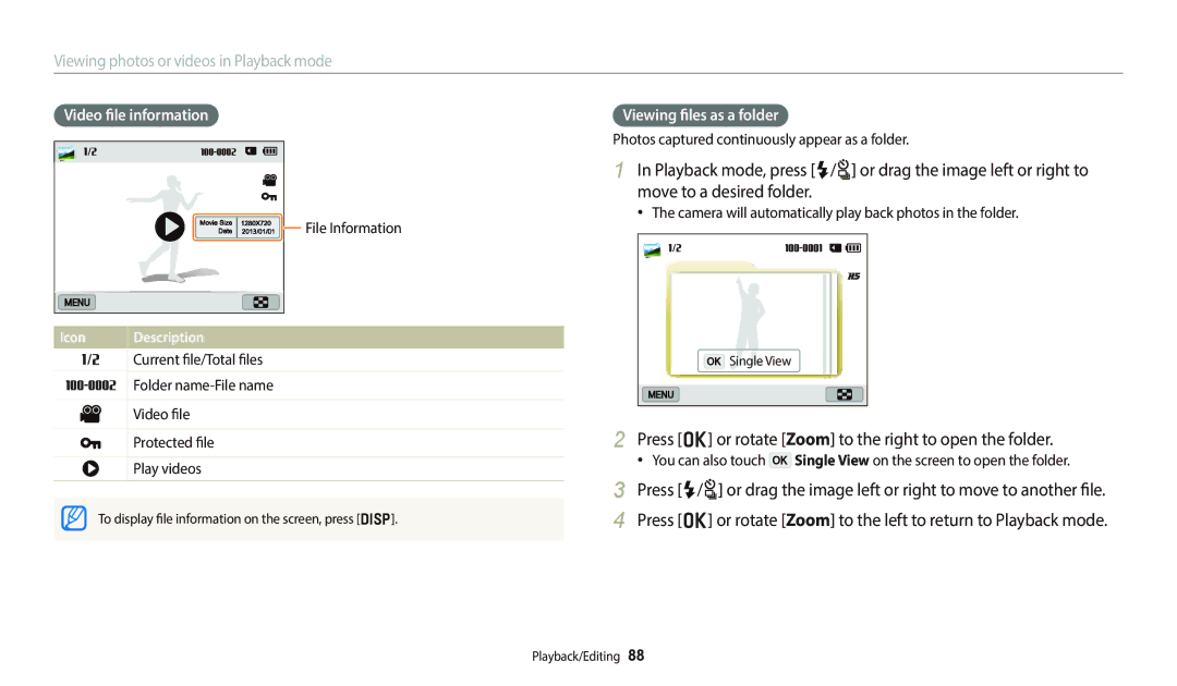 Samsung PRO4852 Press o or rotate Zoom to the right to open the folder, Video file information, Viewing files as a folder 
