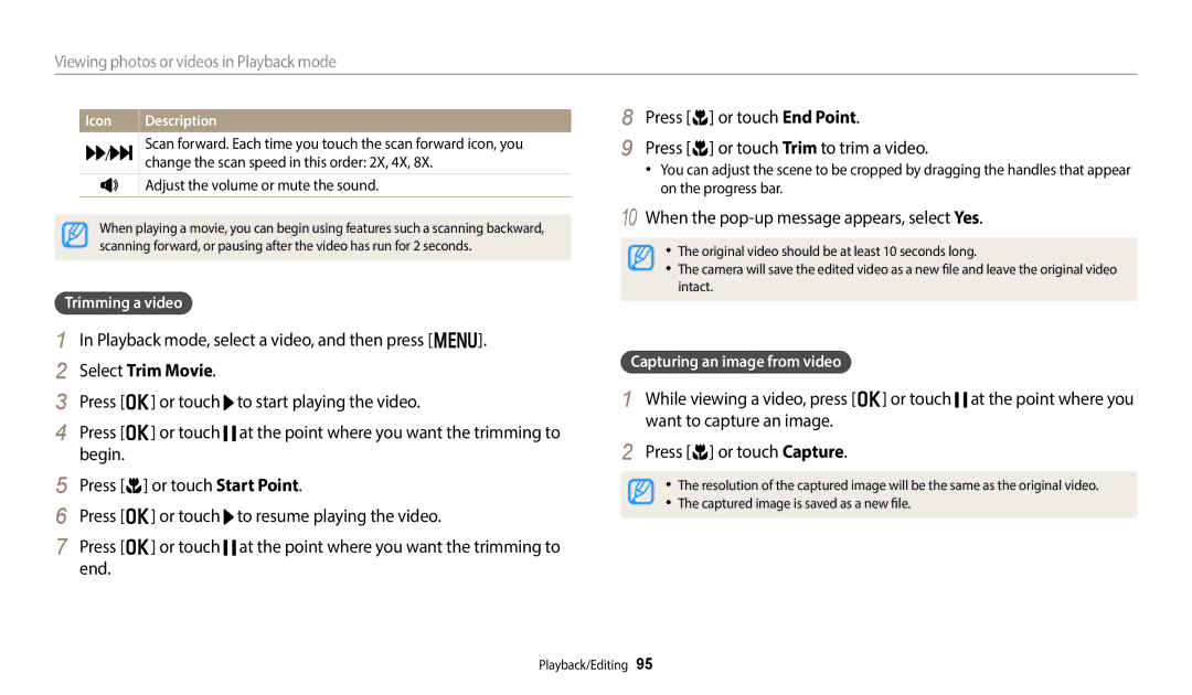 Samsung PRO4838, WB250F, PRO4831 Playback mode, select a video, and then press m, Select Trim Movie, Trimming a video 