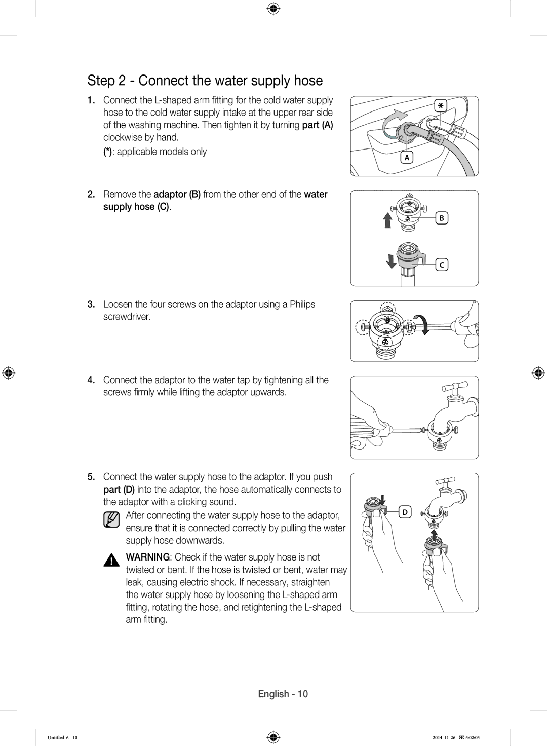 Samsung WB25H7000GS/YL manual Connect the water supply hose 