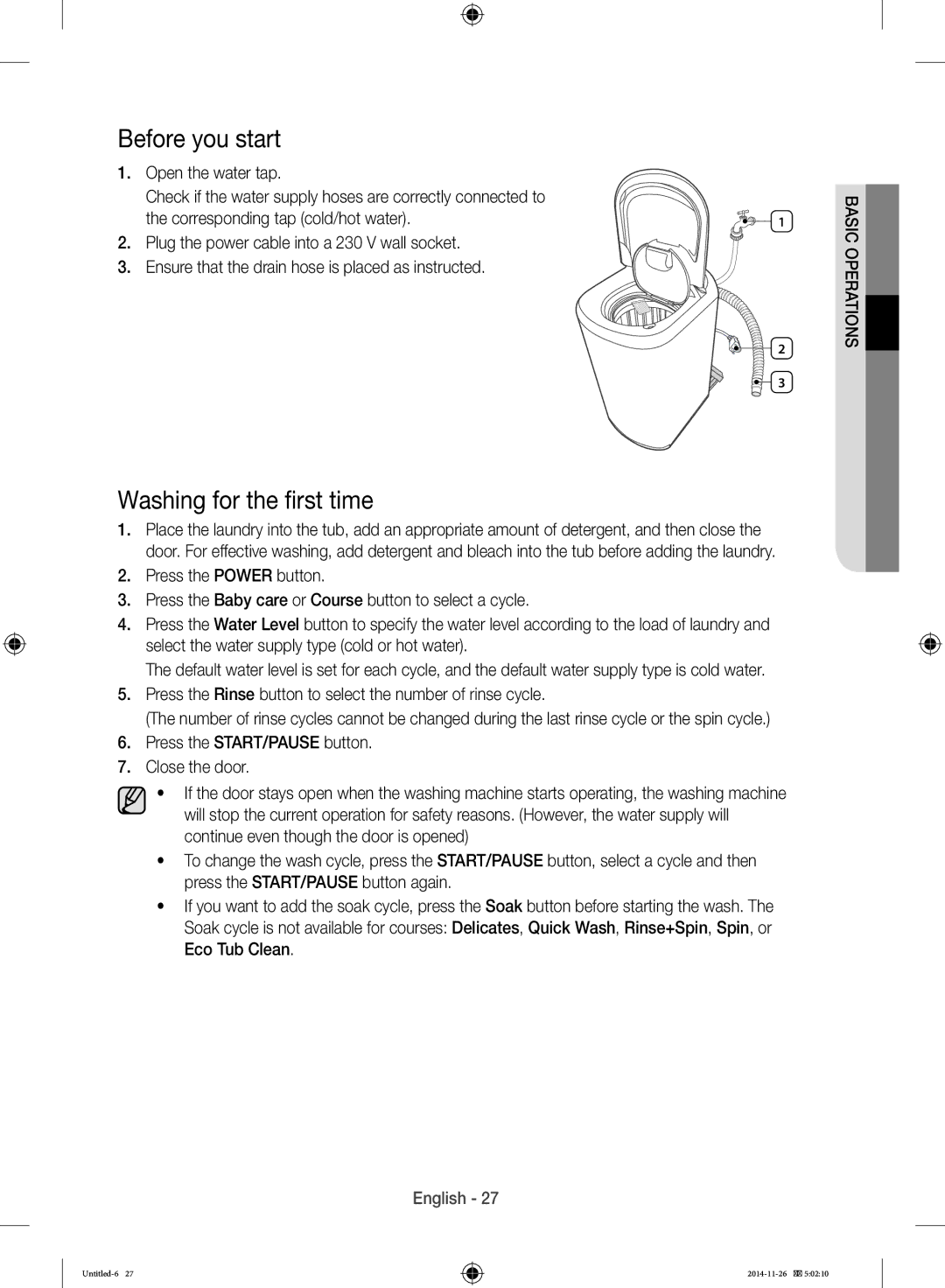 Samsung WB25H7000GS/YL manual Before you start, Washing for the first time 