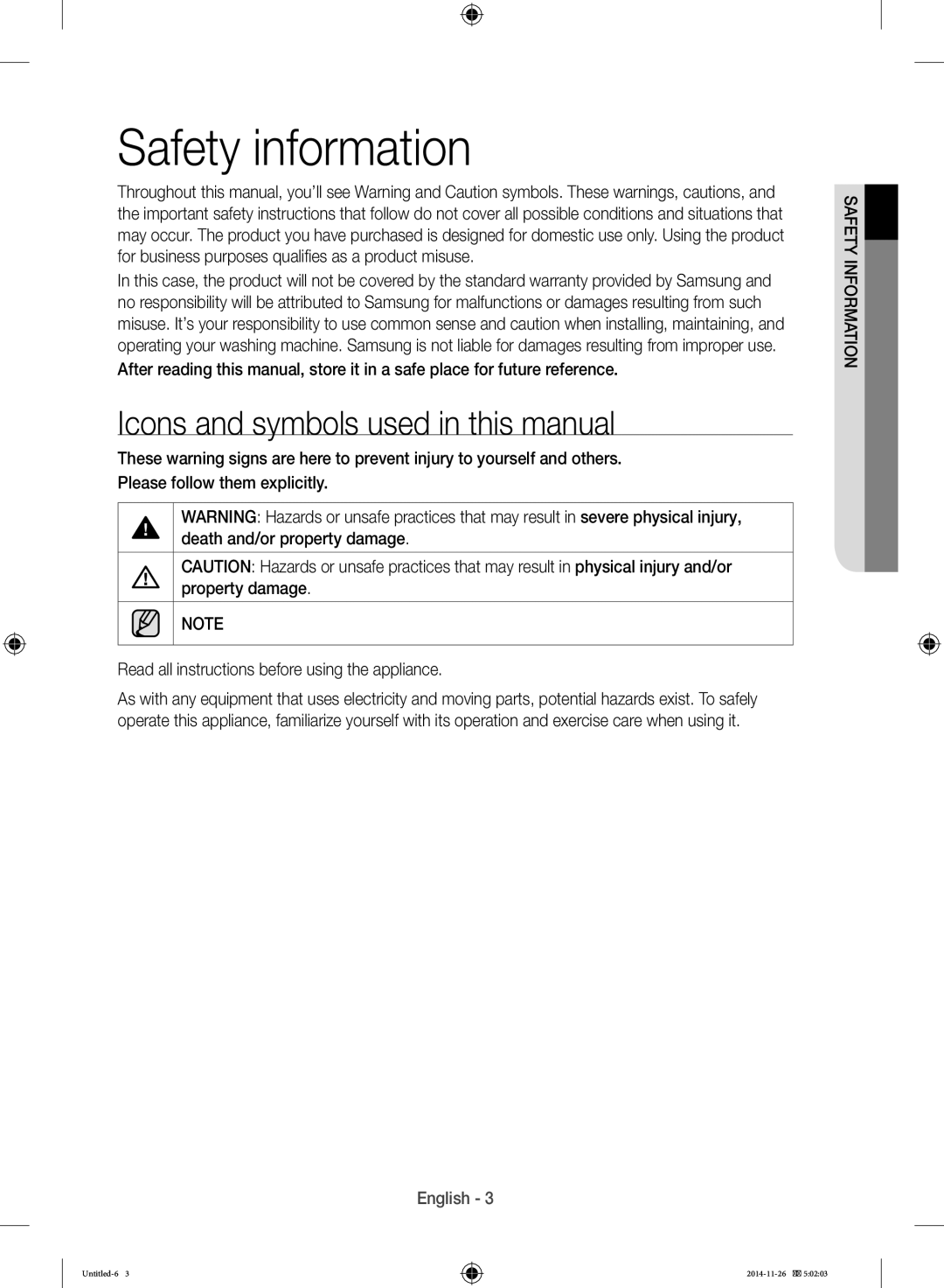 Samsung WB25H7000GS/YL Safety information, Icons and symbols used in this manual 