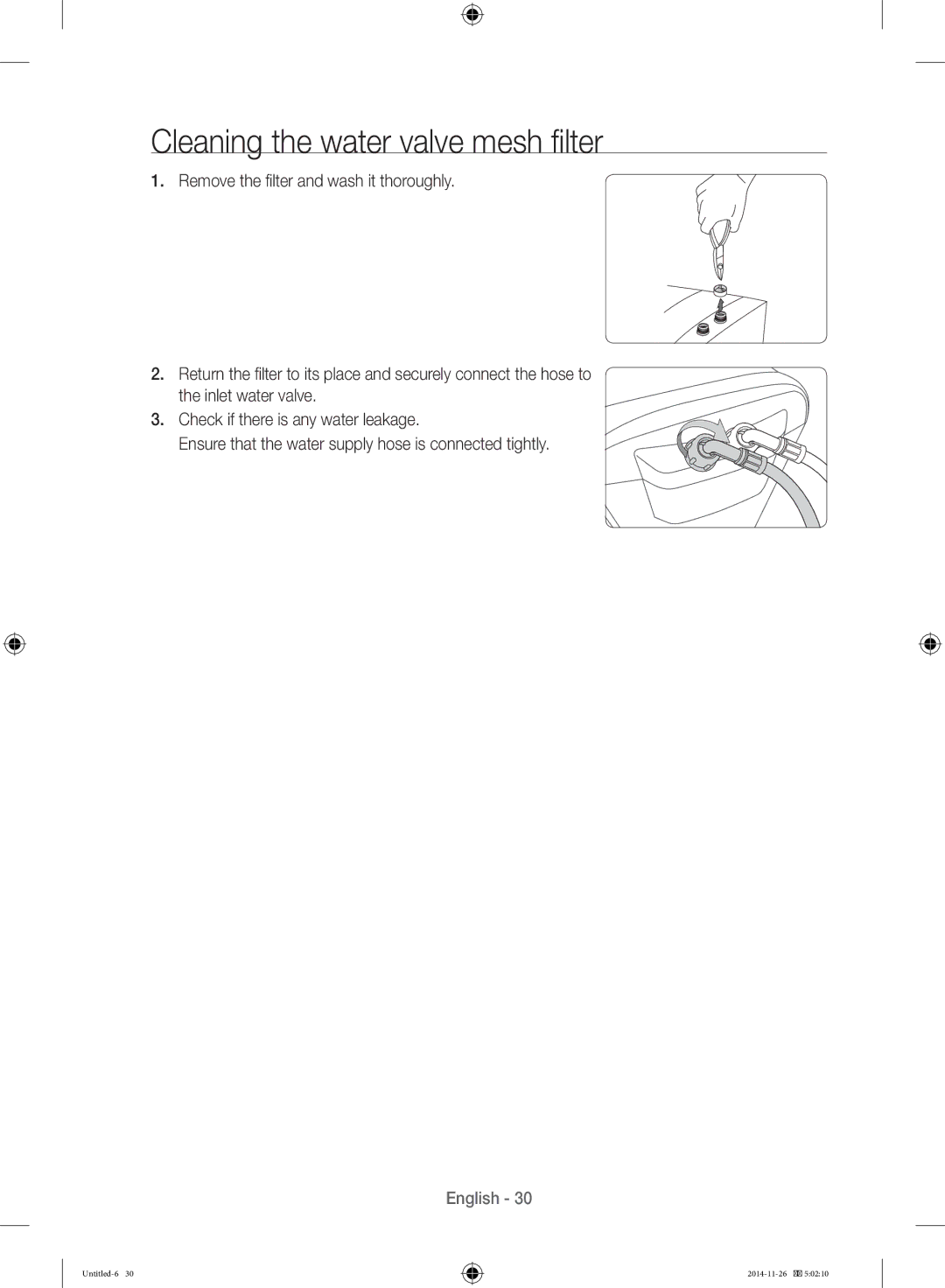 Samsung WB25H7000GS/YL manual Cleaning the water valve mesh filter 