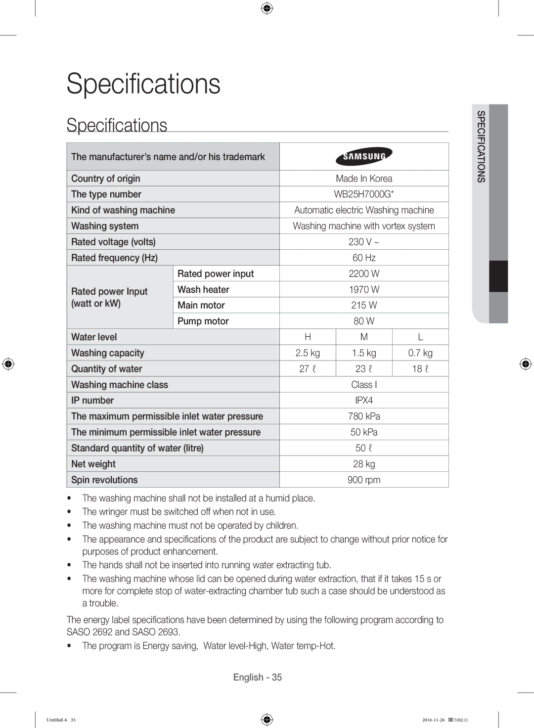 Samsung WB25H7000GS/YL manual Specifications 