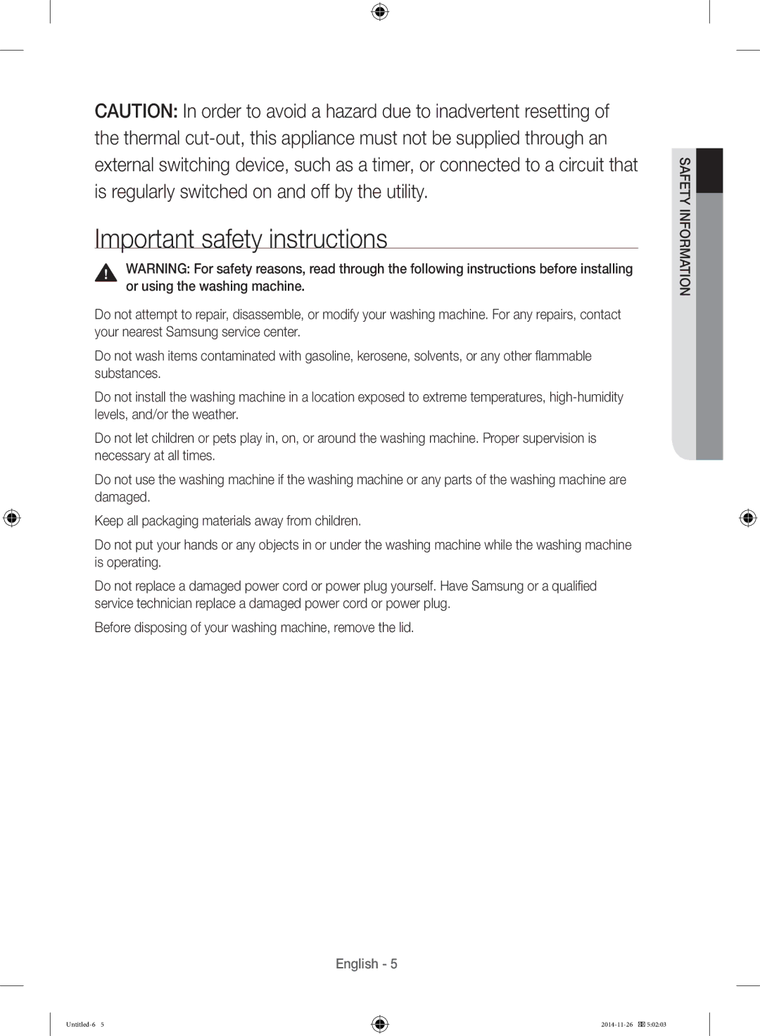 Samsung WB25H7000GS/YL manual Important safety instructions 