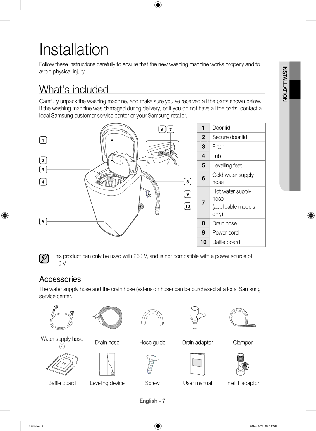 Samsung WB25H7000GS/YL manual Whats included, Accessories, Drain hose Hose guide Drain adaptor 