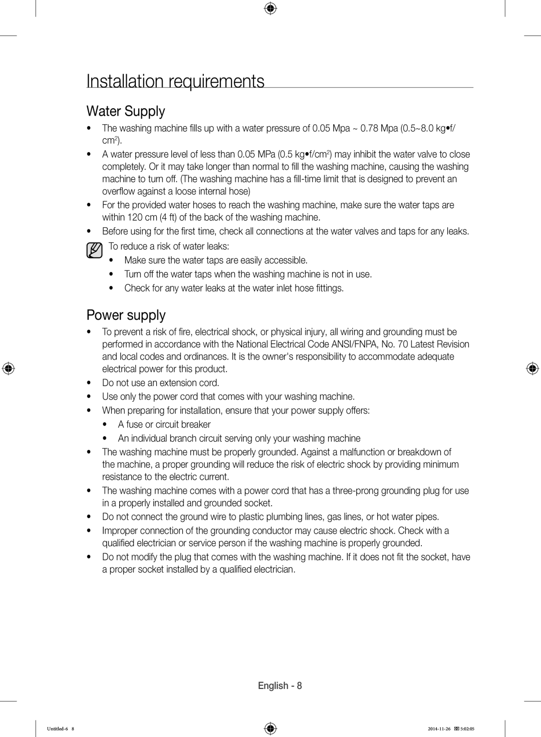 Samsung WB25H7000GS/YL manual Installation requirements, Water Supply, Power supply 