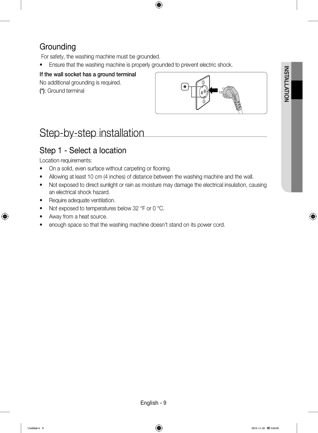 Samsung WB25H7000GS/YL manual Step-by-step installation, Grounding, Select a location 