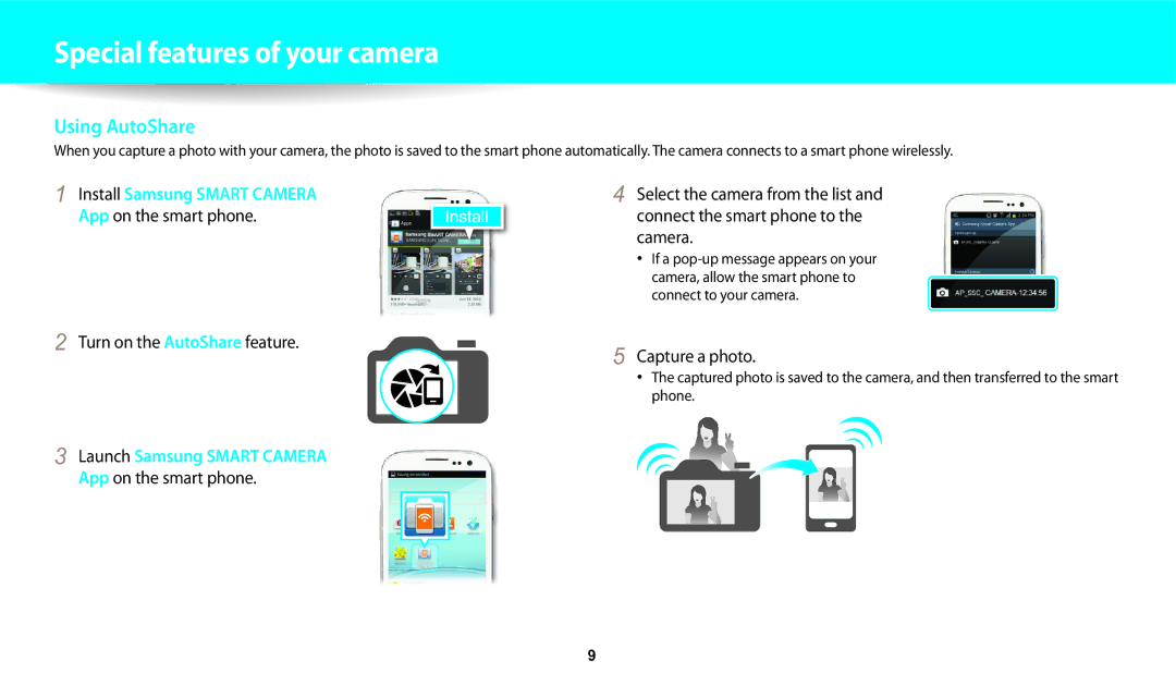 Samsung WB252F, WB280F, WB251F, WB250F user manual App on the smart phone Turn on the AutoShare feature, Capture a photo 