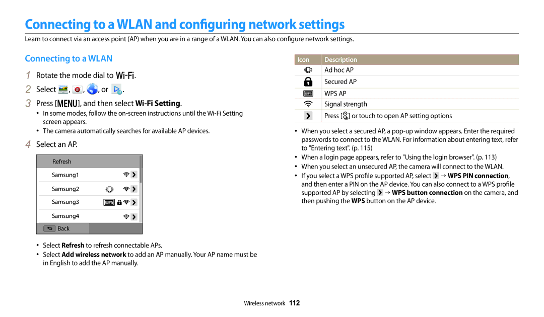 Samsung WB251F, WB280F, WB252F, WB250F user manual Connecting to a Wlan and configuring network settings, Select an AP 