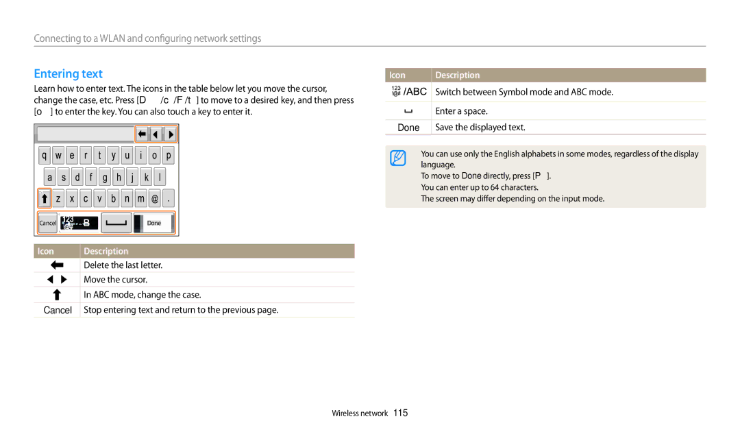 Samsung WB280F, WB251F, WB252F, WB250F user manual Entering text, Icon Description 