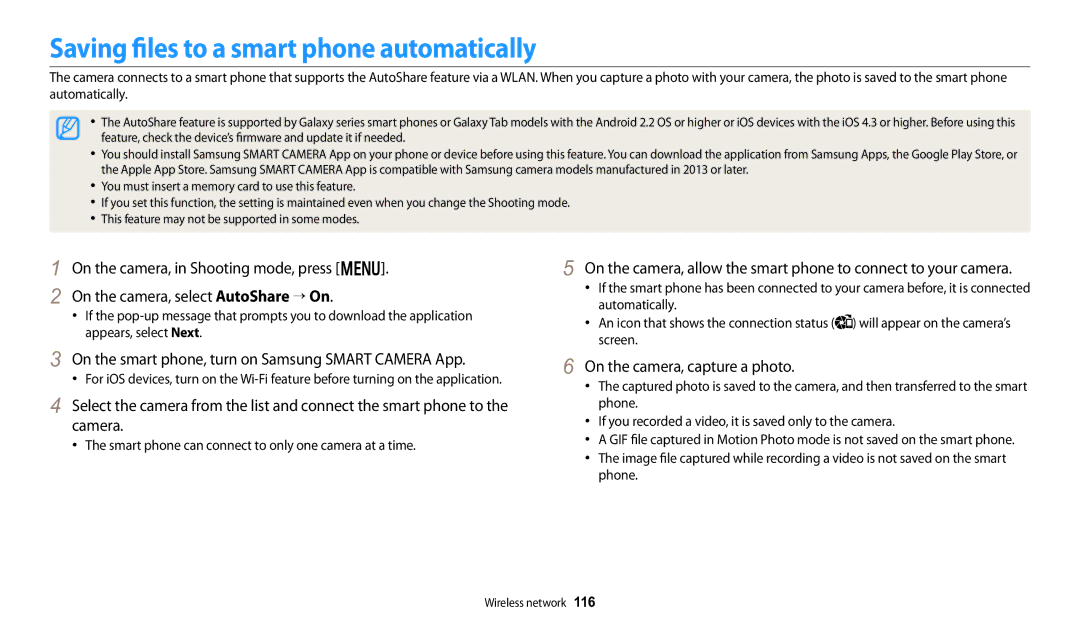 Samsung WB251F, WB280F Saving files to a smart phone automatically, On the smart phone, turn on Samsung Smart Camera App 