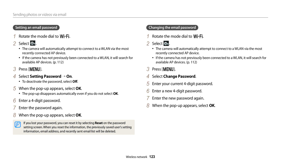 Samsung WB280F, WB251F, WB252F Select Setting Password “ On, When the pop-up appears, select OK, Select Change Password 