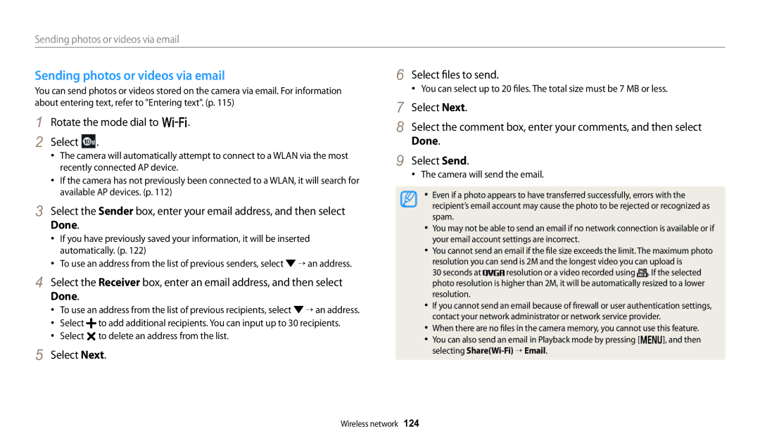 Samsung WB251F, WB280F Sending photos or videos via email, Select Next Select files to send, Camera will send the email 