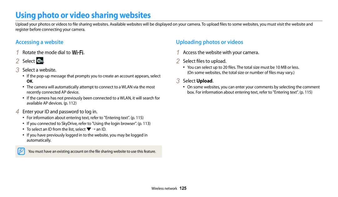 Samsung WB252F, WB280F, WB251F Using photo or video sharing websites, Accessing a website, Uploading photos or videos 