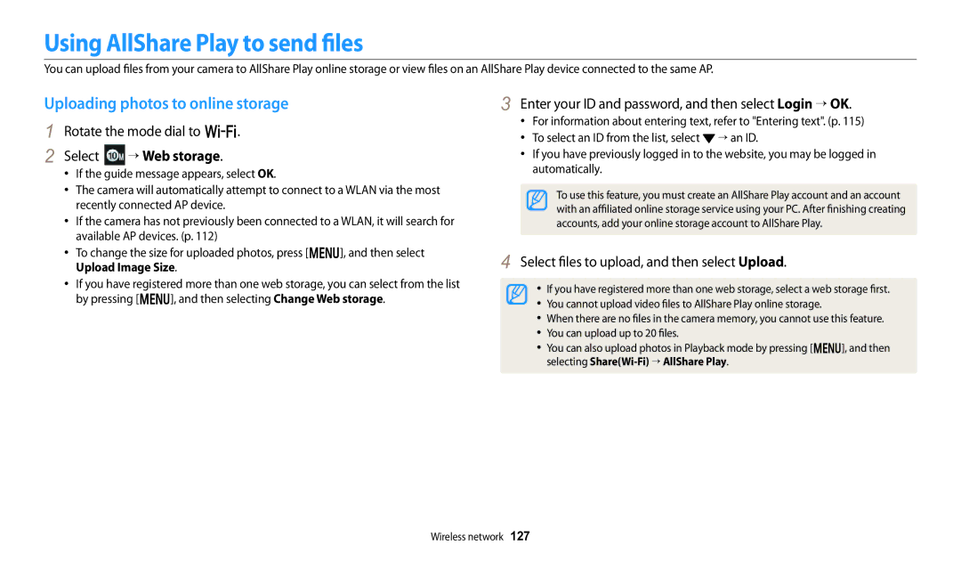 Samsung WB280F, WB251F, WB252F Using AllShare Play to send files, Uploading photos to online storage, Select “ Web storage 